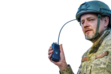 A walkie-talkie in the hand of a military man of Ukraine. Speak Ukrainian. Heart in the colors of the Ukrainian flag. Armed Forces of Ukraine. Clothes of a soldier in the army. Mocap.