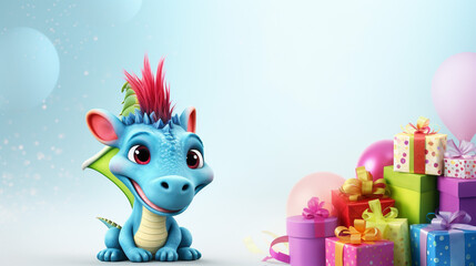 Cute dragon with birthday balloons, gift boxes on background, copy space, generative AI