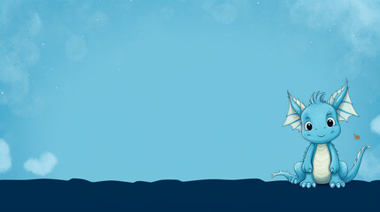 Fototapeta premium Cute dragon on blue background, space for text, generative AI