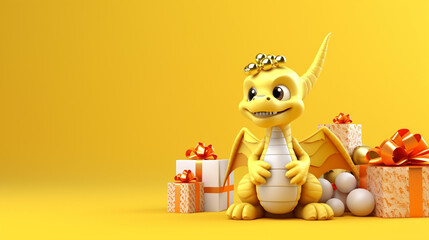 Cute dragon with christmas baubles and gift boxes on yellow background, space for text, generative AI