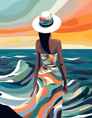 woman water young tanned concept hat vacation black beige summer beach. Generative AI.