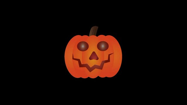 Animation of a scary Halloween pumpkin face appearing in front of the camera. Halloween horror pumpkin.