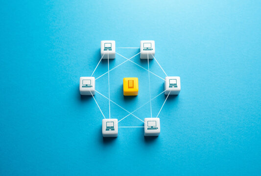 Computer network and data server. P2P communication. Distributed computing tasks across a network of nodes. Decentralizing connectivity, optimizing resource usage, enhancing data availability