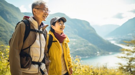Asian senior couple admiring beauty of nature the scenic hiking during their active retirement.