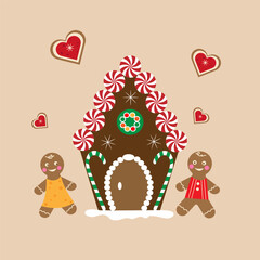 Cute gingerbread brown house. Christmas cookies and candy. Stock vector illustration