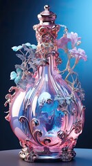 Huge Glossy Flask made of Glass over an Abstract Background