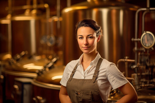 Brewing Excellence: A Portrait of a German Woman Working as a Beer Brewer, Mastering the Craft of Brewing.

