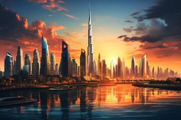 Night Marina Bay skyline in Dubai, UAE - obrazy, fototapety, plakaty