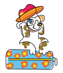 One line drawing of cute dog as a tourist
One continuous line drawing of dog as a tourist with blue and daisy pattern bag.
