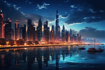 Night Marina Bay skyline in Dubai, UAE - obrazy, fototapety, plakaty