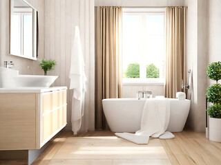 Fototapeta na wymiar Charming bathroom with beige walls, white bathtub, and wooden parquet flooring. Complete with a stylish vanity, window curtains, potted plant, towels, and other accessories for a cozy