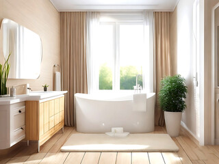 Charming bathroom with beige walls, white bathtub, and wooden parquet flooring. Complete with a stylish vanity, window curtains, potted plant, towels, and other accessories for a cozy