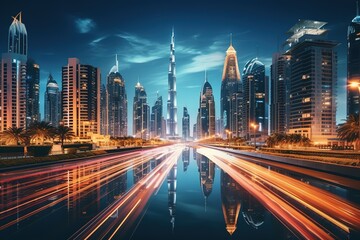 Fototapeta na wymiar Panorama showing aerial view of tallest towers in Dubai Downtown skyline and highway night timelapse.