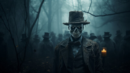Fototapeta premium A creepy skeleton. In a misty forest. Haunted. Monster. in a hat. Ghosts in the background. Ominous. Halloween concept. Horror. Day of the dead. Día de Muertos. 