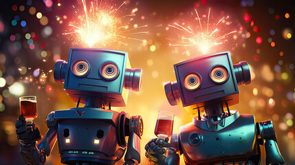 Fototapeta premium Two celebrating robots have a toast to New Year. Postproducted generative AI illustration.
