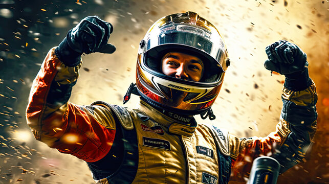 Race car driver celebrating his win of racing tournament. Postproducted generative AI illustration.
