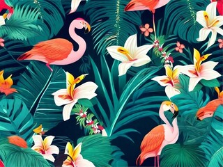 Seamless bright colorful realistic tropical pattern with monstera leaves. Palm and flamingo, white lily