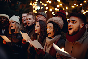 Group of diverse mens and women singing Christmas carols outside in the evening with candles. - obrazy, fototapety, plakaty
