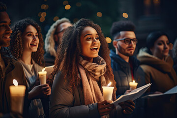 Group of diverse mens and women singing Christmas carols outside in the evening with candles.
