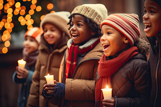 Group of children singing Christmas carols outside in the evening with candles.