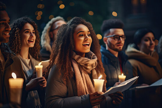 Group Of Diverse Mens And Women Singing Christmas Carols Outside In The Evening With Candles.