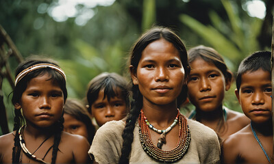 Portrait of an indigenous woman from Brazil in the Amazon in her tribe with children