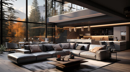 A modern and minimalist home interior design, apartment interior design, architecture, colorful design, minimalist, luxury, kitchen, living room