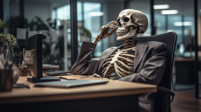 A skeleton at work. Long work day. Workaholic. Exhausted. Burnout. Close to retirement. Waiting for work. Never ending meeting. Time for a vacation. Advertising concept. Halloween.