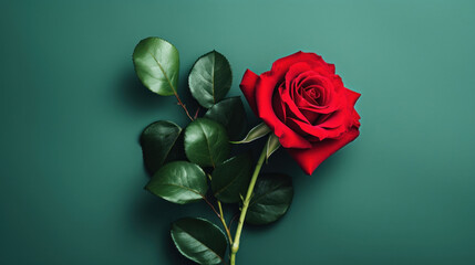 Red Rose on pale dark green background