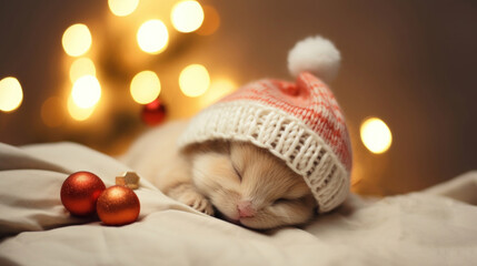 Fototapeta na wymiar Cute rabbit in santa hat sleeping on white sheet, Christmas blurred background