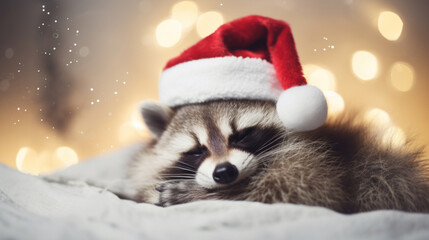 Fototapeta na wymiar Cute raccoon in santa hat sleeping on white sheet, Christmas blurred background