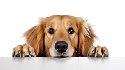 Dog in peeking out from behind a white table with copy space, isolated on white background.