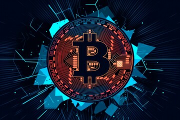 digital bitcoin design with blue lines background  - obrazy, fototapety, plakaty