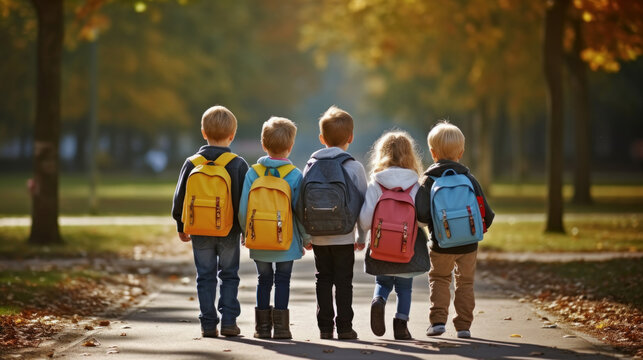 Group of children with backpacks go to school