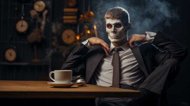 Día de Muertos. A man with a painted face. Horror. Halloween. Creepy. Scary. Ominous. Shallow depth of field. Looking at the camera. Wearing a hat. Drinking coffee. Ominous. Halloween businessman.
