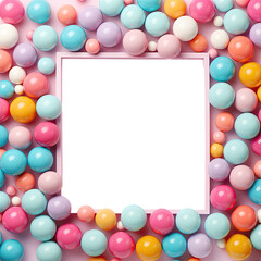 Multicoloured plastic balls on transparent background forming a vibrant ball border Empty area