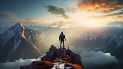 hiker standing on a mountain peak, overlooking a breathtaking landscape generative AI - obrazy, fototapety, plakaty