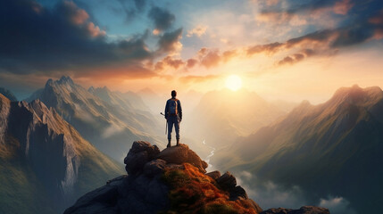 hiker standing on a mountain peak, overlooking a breathtaking landscape generative AI - obrazy, fototapety, plakaty