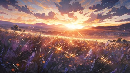 A breathtaking sunset over a serene field of lavender, with a warm orange and purple sky manga cartoon style