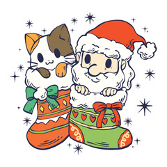 Cartoon illustration of Santa Claus and the little cat are on of a big sock. These cute cartoon file are perfect for T-shirts, phone cases, bags, mugs, stickers, tumblers. - obrazy, fototapety, plakaty