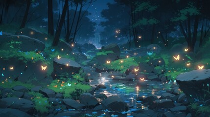 Fototapeta na wymiar A magical forest filled with vibrant glowing fireflies, and whimsical creatures manga cartoon style