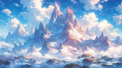 A majestic snow-capped mountain range, with a clear blue sky and fluffy white clouds, aesthetic manga cartoon style