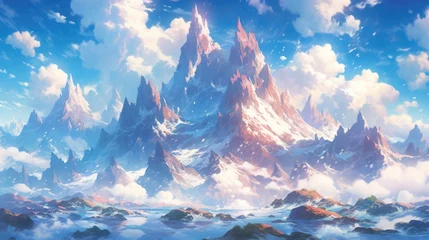 Fotobehang A majestic snow-capped mountain range, with a clear blue sky and fluffy white clouds, aesthetic manga cartoon style © Tina