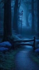 Enchanted Nightfall in the Ancient Woodlands - A Mystical Bridge Amidst Blue Mushroom Glows