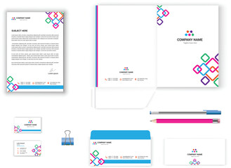 stationery set for business office vector design with letterhead, envelope, presentation folder, business card geometrical design stationary set