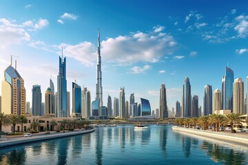 Aerial view of Dubai city in sunset light - obrazy, fototapety, plakaty