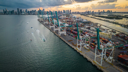 Aerial view of Miami skyline downtown and port during sunset 
