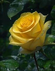 A Captivating Portrait of a Solitary Yellow Rose Adorned with Glistening Dewdrops