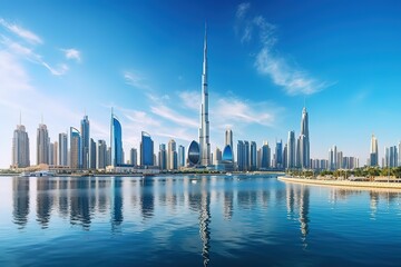 DUBAI ,UNITED ARAB EMIRATES-FEBRUARY 18, 2017: Beautiful Dubai downtown at the sunset,Dubai,United Arab Emirates