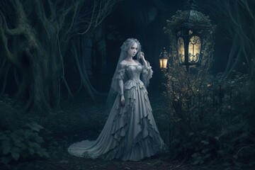 Abandoned Garden, Moonlit Gnarled Trees, Spectral Victorian Figure, Lantern Glow
